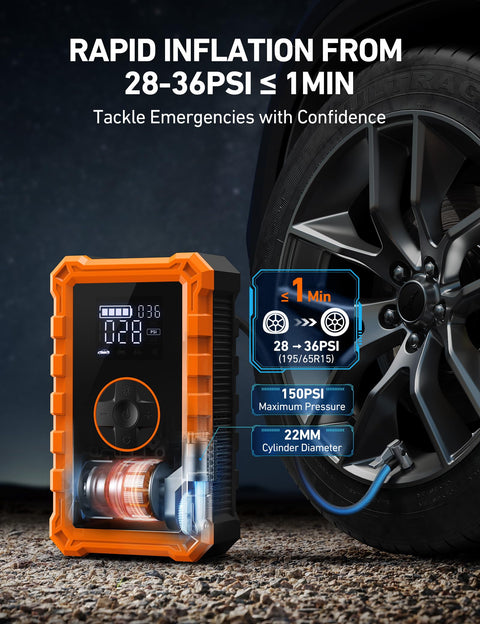 S8 Air Jump Starter With Air Compressor inflating car tire with digital display and orange casing, 150 PSI power