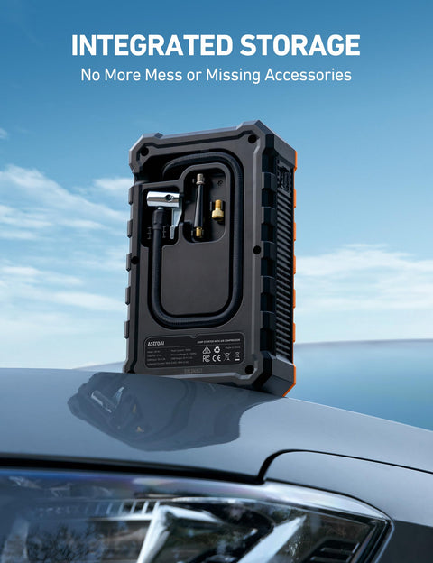 S8 Air Jump Starter With Air Compressor, 3000A Peak Power For 9.0 Gas And 6.5L Diesel, showing integrated storage on car hood