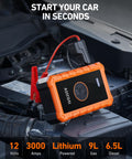 S8 Air Jump Starter With Air Compressor, 3000A Peak Power displayed on car battery with clamps