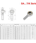 SA5T/K rod end bearing kit, 4 pcs with 5mm bore and M5x0.8 right hand male thread, technical diagram and specs