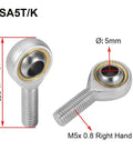 SA5T/K rod end bearing kit, 4 pcs with 5mm bore and M5x0.8 right hand male thread, heim joints shown with measurements