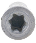 Close-up of Size 8 X 1 And 5 Eighths Inch Saberdrive White Trim Screw head, serrated threads, Type 17 point for secure fastening.