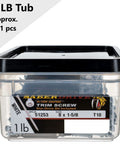 Size 8 X 1 And 5 Eighths Inch Saberdrive White Trim Screws, 1 Pound Tub, Approximately 221 Pieces, in a clear plastic container