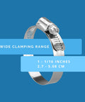 KE24BX 10 Piece SAE 24 Hose Clamp Set In Silver With 300 Series Stainless Steel For Maximum Corrosion Resistance And Wide Clamping Range From One And One Sixteenth Inches To Two Inches For Automotive Marine And Industrial Use shown with clamping range details