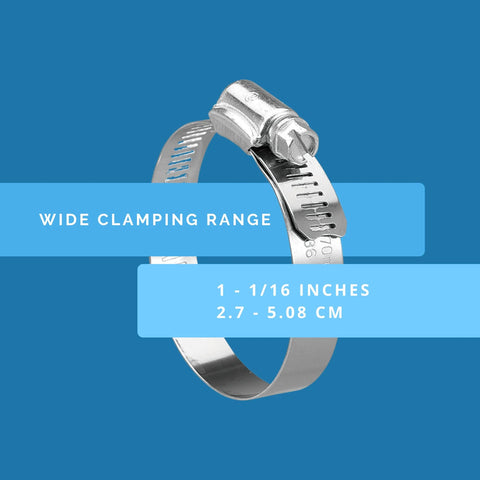 KE24BX 10 Piece SAE 24 Hose Clamp Set In Silver With 300 Series Stainless Steel For Maximum Corrosion Resistance And Wide Clamping Range From One And One Sixteenth Inches To Two Inches For Automotive Marine And Industrial Use shown with clamping range details