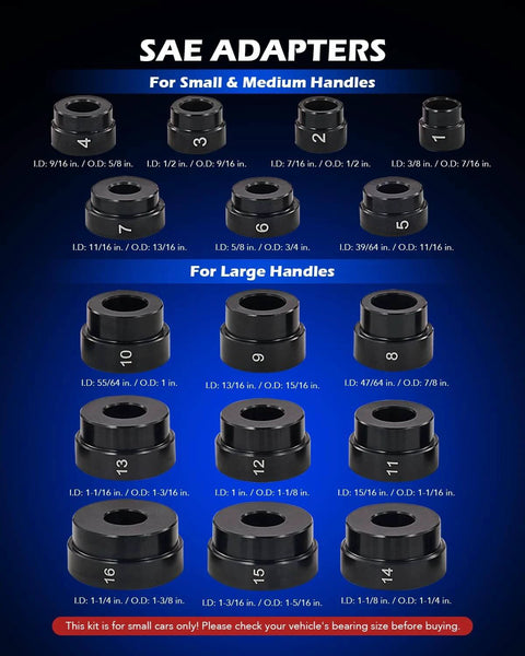 SAE adapters from 33pc Bearing Press Kit for Small Vehicles, with various sizes labeled for small and medium handles