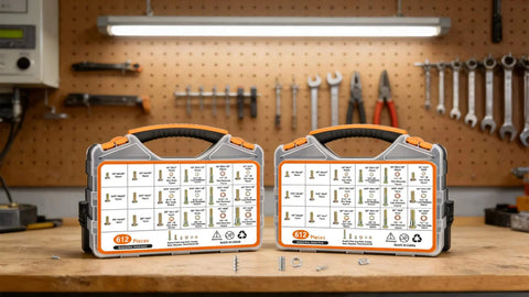 Two cases of 612-Piece SAE Grade 8 Bolts And Nuts Kit, Yellow Zinc Plated, on a workbench with tools in the background