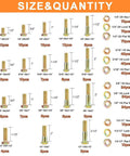 Chart displaying sizes and quantities of bolts and nuts from 612-Piece SAE Grade 8 Bolts And Nuts Kit, Heavy Duty Yellow Zinc Plated.
