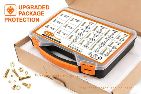 612-Piece SAE Grade 8 Bolts And Nuts Kit in labeled case, heavy duty yellow zinc plated, includes washers, sizes 1/4-20 to 1/2-13