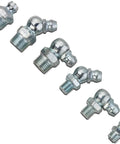 Grease Fitting Assortment Kit For Angled And Straight Zerks, 110 Pieces SAE A3 Steel Fittings laid out on white background