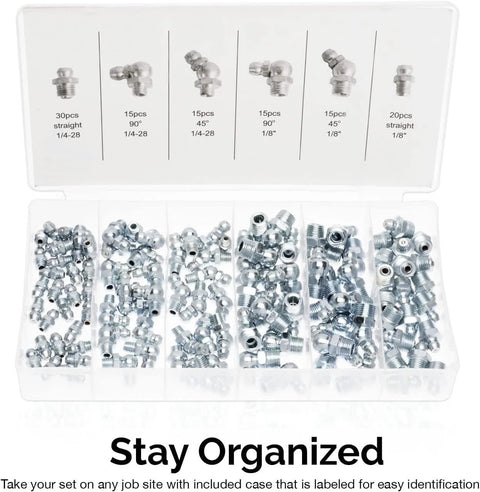Open kit showcasing Grease Fitting Assortment Kit For Angled And Straight Zerks, 110 Pieces SAE A3 Steel Fittings, labeled compartments