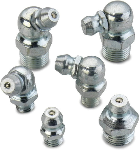 Grease Fitting Assortment Kit For Angled And Straight Zerks, 110 Pieces SAE A3 Steel Fittings, close-up view of various grease fittings.