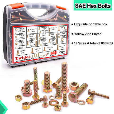 Hex Head Nuts and Bolts Assortment Kit Grade 8.8 with Gold Zinc Plating in storage box