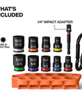 Grab And Go Impact Socket Set In SAE With Sleeve And Carabiner 10 Piece Drive Socket Kit Color Coded For Quick Access Includes Nine Common Sizes From One Quarter Inch To Three Quarters Inch visible with sockets, sleeve, and carabiner.