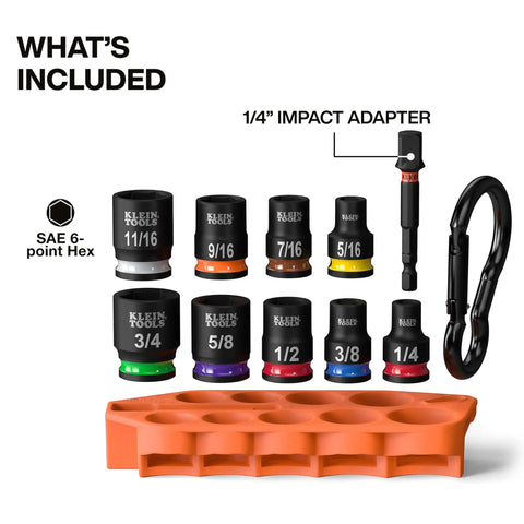 Grab And Go Impact Socket Set In SAE With Sleeve And Carabiner 10 Piece Drive Socket Kit Color Coded For Quick Access Includes Nine Common Sizes From One Quarter Inch To Three Quarters Inch visible with sockets, sleeve, and carabiner.
