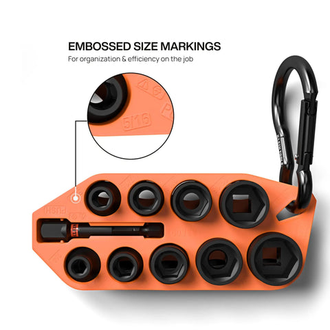 Grab And Go Impact Socket Set In SAE With Sleeve And Carabiner 10 Piece Drive Socket Kit Color Coded For Quick Access with close-up of size markings.