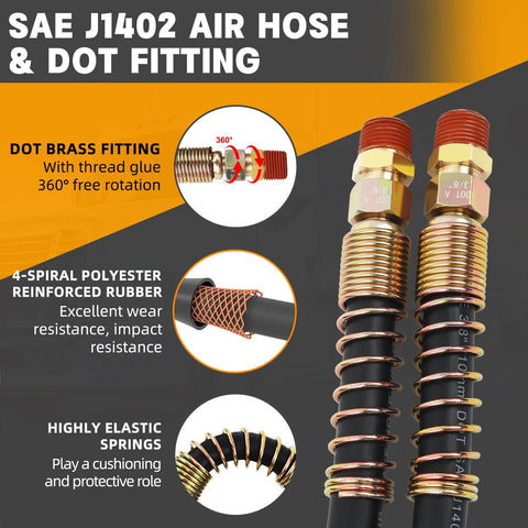 12 Ft 3 In 1 ABS Air Brake Hoses Kit For Semi Trucks Used By Truckers with SAE J1402 air hose and DOT fittings visible