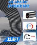 One Quarter Inch Air Line Tubing Kit With About 33 Feet PA Nylon Hose Cutter And Teflon Tape Push To Connect Fittings No Fuss Quick Install For Air Brakes Or Fluid Transfer Includes 30 Piece Connector Kit, showing 32.8 ft hose with temp resistance