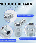 Close-up of All In One 100 Piece SAE And Metric Grease Fittings Kit with stainless steel ball check and precision-engineered threads.