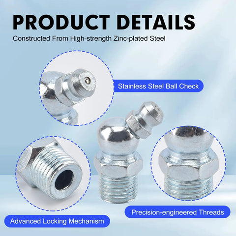 Close-up of All In One 100 Piece SAE And Metric Grease Fittings Kit with stainless steel ball check and precision-engineered threads.
