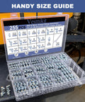 Open grease fittings assortment kit with SAE and metric zerk fittings 255 pieces including various angles and sizes.
