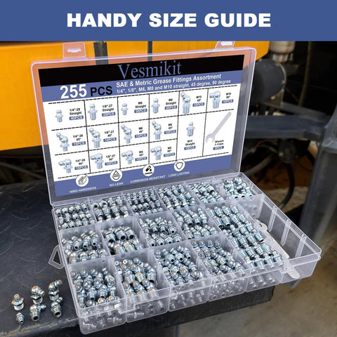 Open grease fittings assortment kit with SAE and metric zerk fittings 255 pieces including various angles and sizes.