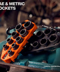 Grab And Go Impact Socket Set In SAE With Sleeve And Carabiner 10 Piece Drive Socket Kit Color Coded for quick access, shown.