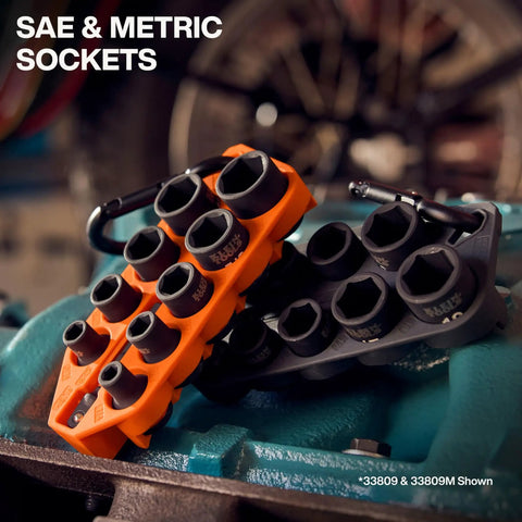 Grab And Go Impact Socket Set In SAE With Sleeve And Carabiner 10 Piece Drive Socket Kit Color Coded for quick access, shown.