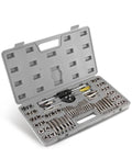 Comprehensive SAE And Metric Tap And Die Set For Threading And Rethreading Internal And External Threads Includes Pro Grade Adjustable Wrenches T Handle Tap Wrench And One Eighth Inch Flathead Screwdriver Orion Motor Tech in grey case