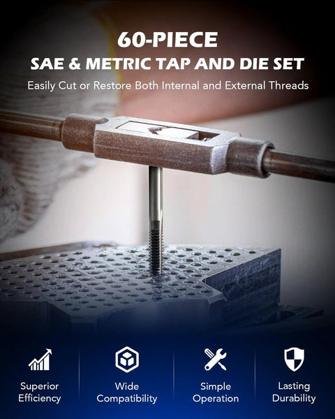 Comprehensive SAE And Metric Tap And Die Set For Threading And Rethreading Internal And External Threads Includes Pro Grade Adjustable Wrenches T Handle Tap Wrench And One Eighth Inch Flathead Screwdriver Orion Motor Tech in use.