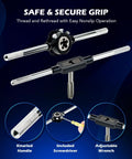 Comprehensive SAE And Metric Tap And Die Set For Threading And Rethreading Internal And External Threads Includes Pro Grade Adjustable Wrenches T Handle Tap Wrench And One Eighth Inch Flathead Screwdriver Orion Motor Tech displayed with knurled handle and adjustable wrench