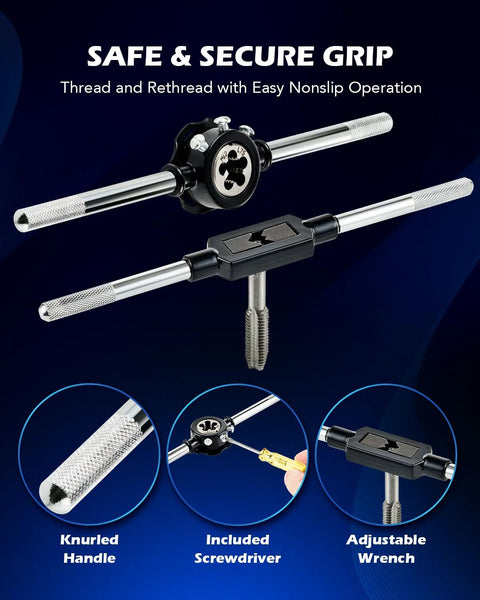 Comprehensive SAE And Metric Tap And Die Set For Threading And Rethreading Internal And External Threads Includes Pro Grade Adjustable Wrenches T Handle Tap Wrench And One Eighth Inch Flathead Screwdriver Orion Motor Tech displayed with knurled handle and adjustable wrench