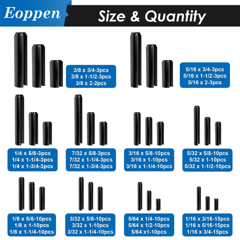 SAE Roll Pin Assortment Set With 230 Slotted Spring Pins In Ten Sizes From 1/16 To 3/8 Inch shown with size labels and quantities