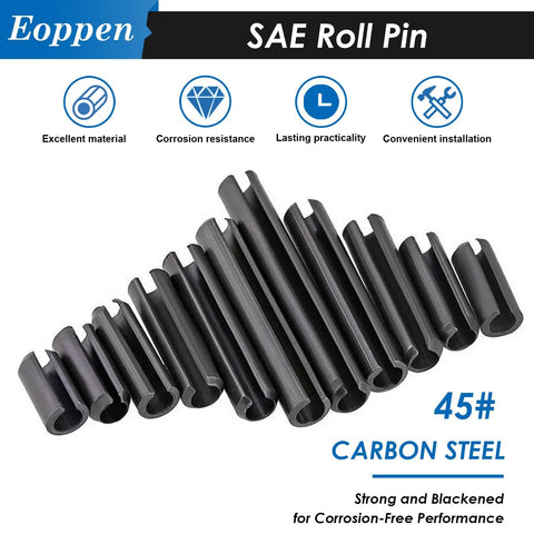 SAE Roll Pin Assortment Set With 230 Slotted Spring Pins arranged in size order, made from carbon steel with a black oxide finish for rust resistance.