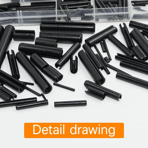 Close-up of black roll pins in the Ultimate 248 Piece SAE Roll Pin Assortment Set With 10 Sizes from 1/16 to 3/8 Inch for repair projects.
