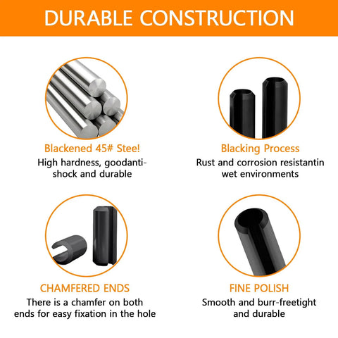 Construction details of Ultimate 248 Piece SAE Roll Pin Assortment Set, showing blackened 45# steel, chamfered ends, and fine polish features.