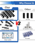 Comparison of Roll Pin Set 230Pcs SAE Slotted Spring Pins Assortment Kit vs other pin sets highlighting flexibility and clear labeling.