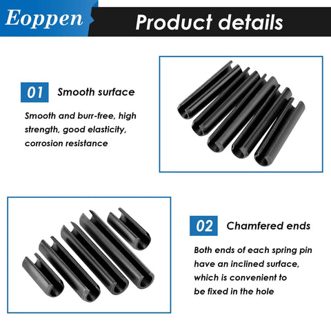 SAE Roll Pin Assortment Set With 230 Slotted Spring Pins in carbon steel, black oxide finish, smooth surface and chamfered ends.