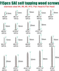 715pcs SAE self-tapping wood screws assortment layout with sizes and quantities shown, including stainless steel #4 to #10 screws.