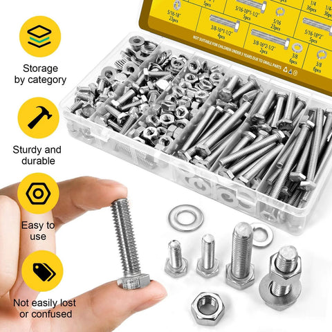 224 Piece 1/4-20 SAE Stainless Steel Bolts, Nuts, And Washers Assortment Kit With Fully Threaded Fasteners in storage case