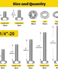 224 Piece 1/4-20 SAE Stainless Steel Bolts, Nuts, And Washers Assortment Kit size and quantity chart
