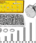 224 Piece 1/4-20 SAE Stainless Steel Bolts, Nuts, And Washers Assortment Kit With Fully Threaded Fasteners displayed in case