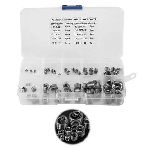 Premium SAE Thread Repair Kit With 60 Pcs 304 Stainless Steel Wire Sleeve Inserts for Three Eighths Inch Coarse Threads in case