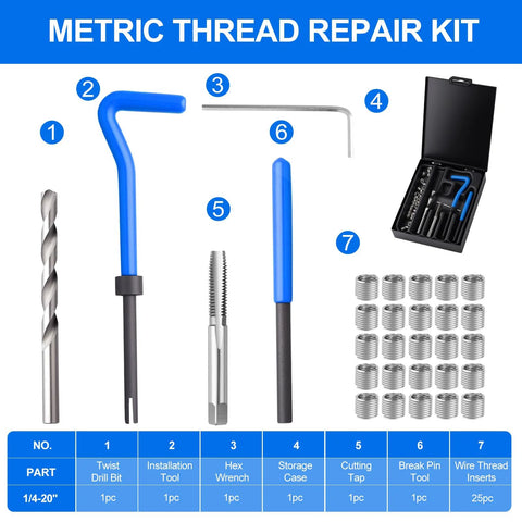 30 Piece SAE Thread Repair Insert Kit For Damaged Threads 1/4-20 Inch Helicoil Set with drill bits, taps, and tools shown with case