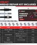 7/16-14 Inch SAE Thread Repair Kit with 0.600 Inch Stainless Steel Inserts, including tools and inserts, displayed with parts list.