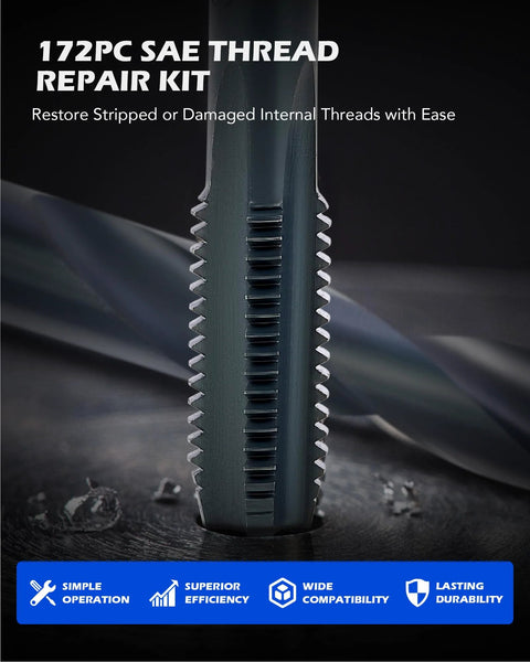 SAE Thread Repair Kit For Auto Repair 172 Piece Set With HSS Drill Bits Taps 150 Wire Thread Inserts And 10 Installation Tools graphic