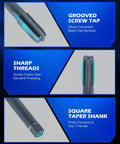 Illustration of tap tool features from SAE Thread Repair Kit For Auto Repair 172 Piece Set With HSS Drill Bits Taps 150 Wire Thread Inserts