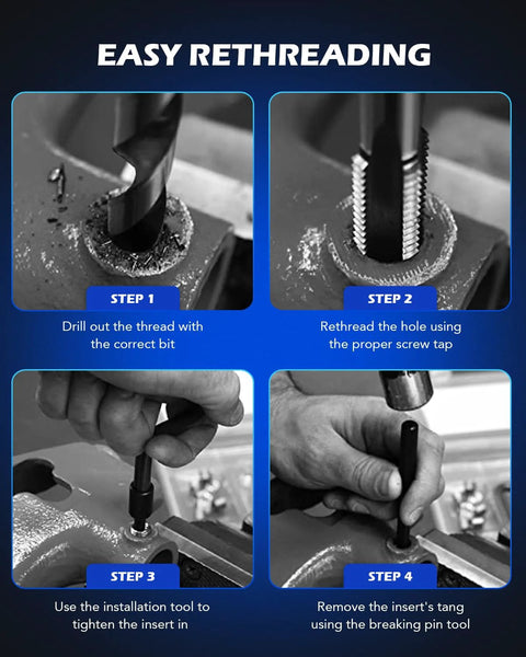 SAE Thread Repair Kit 172 Piece Set for auto repair showing steps for rethreading including drilling, screwing, and inserting tools.