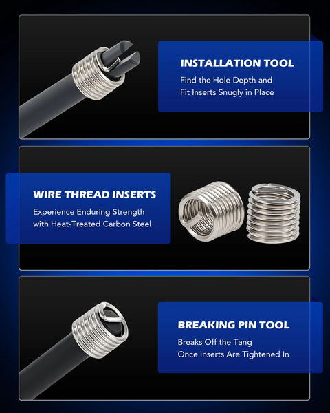 SAE Thread Repair Kit components including installation tool, wire thread inserts, and breaking pin tool for auto repair.