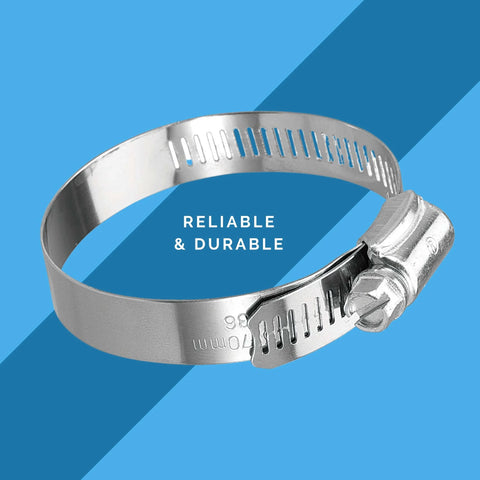 KE24BX 10 Piece SAE 24 Hose Clamp Set in silver with 300 series stainless steel for maximum corrosion resistance, side view.